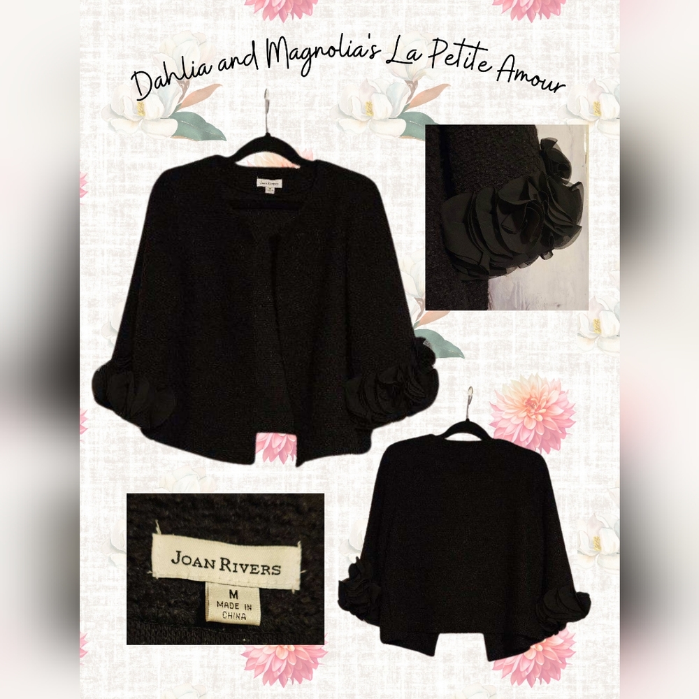 Joan Rivers Cardigan Sweater Wool Blend Black Textured Ruffles Size M